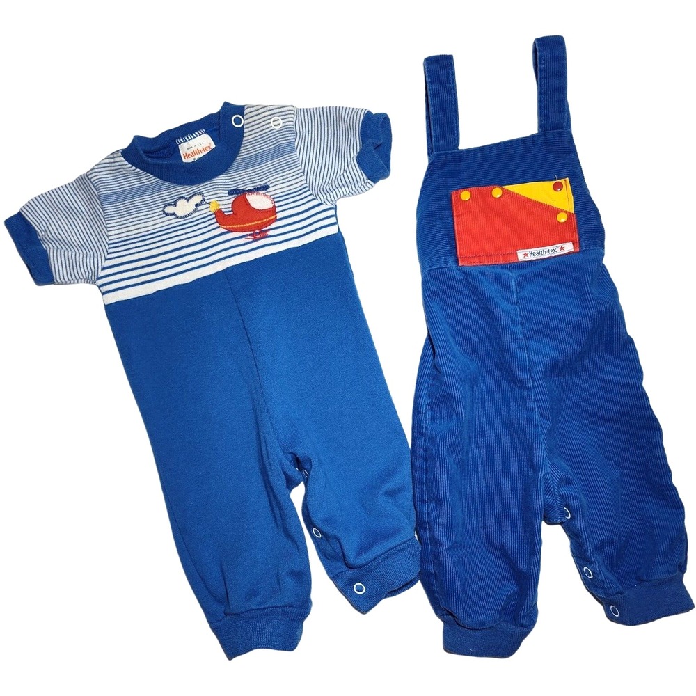 Health-Tex Vtg Baby Boy 3 6 Mos Outfit Lot Blue Helicopter Stripe Corduroy 2pc